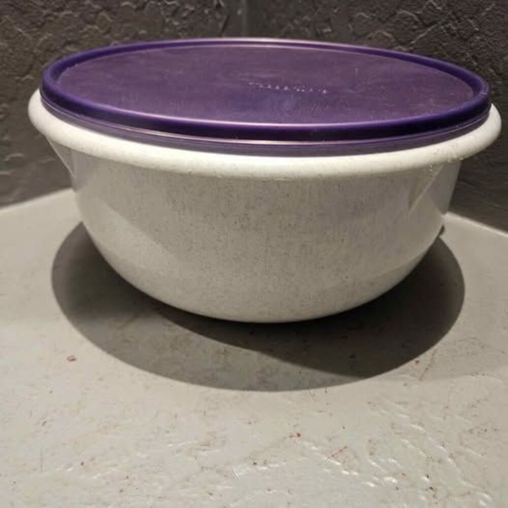 Vintage Tupperware Speckled Mixing Bowl with Purple Lid Fix N Mix